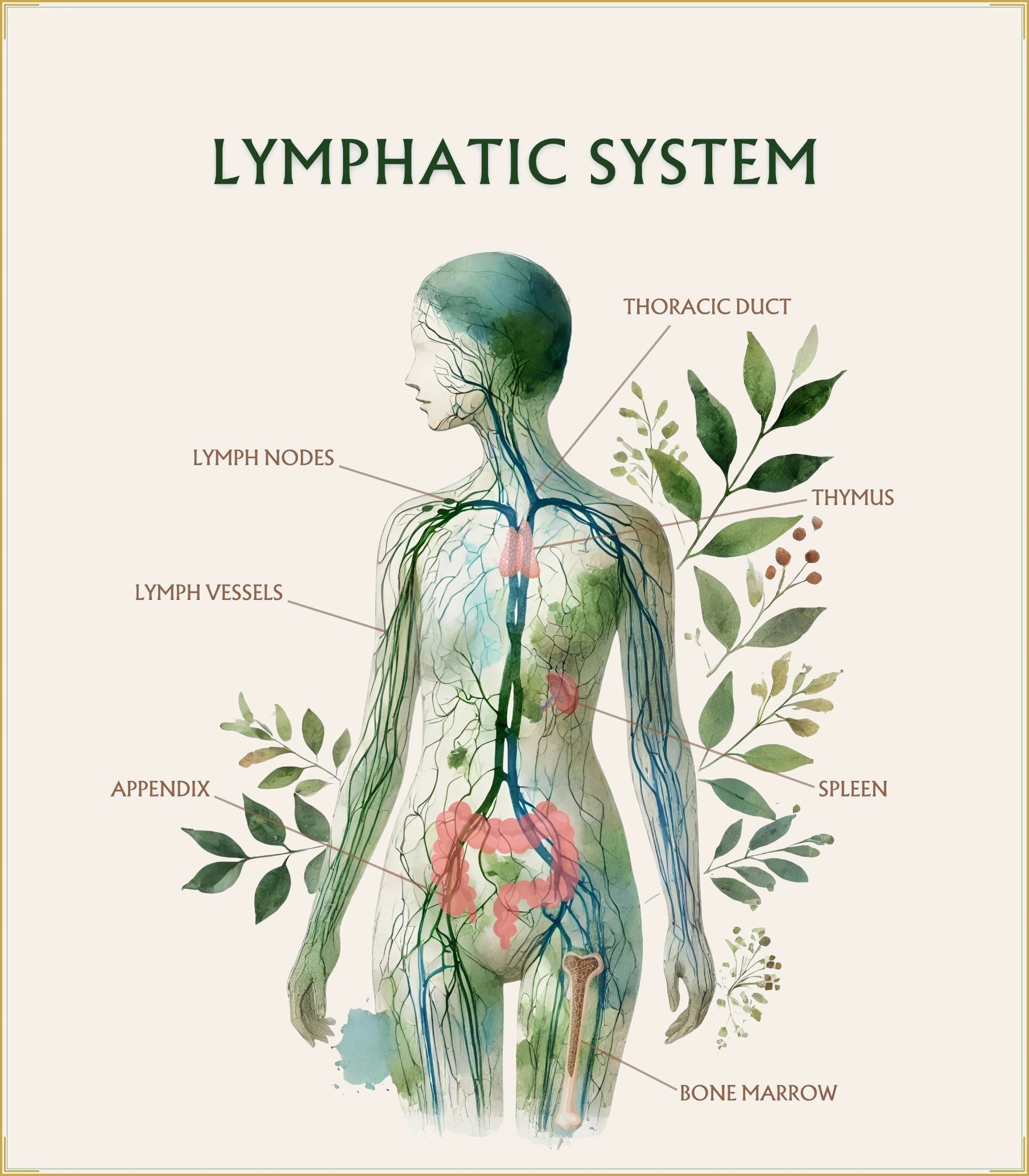Illustration of the human lymphatic system showing lymph nodes, vessels, thoracic duct, thymus, spleen, and bone marrow